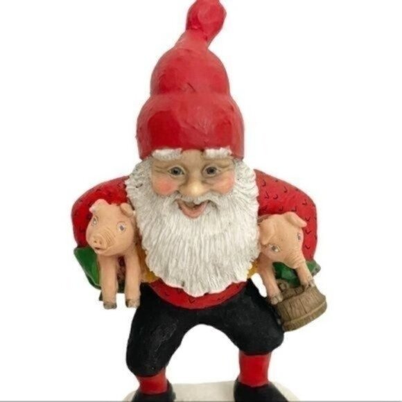 Candy Design Norway Santa like Gnome figurine holding 2 pigs approximately 6” - Picture 2 of 13